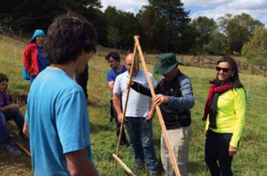 Teaching students how to use the A-frame to mark contours on a hill side in Chiloe, Chile. Photo: Clara Nicholls